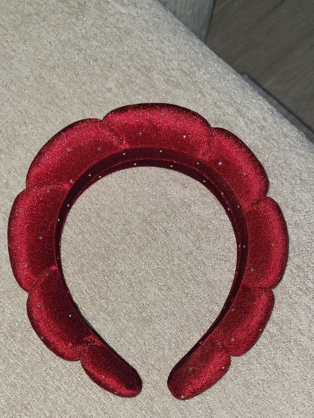 Red Satin Scalloped Padded Headband  Makeup Or Spa with Sparkle